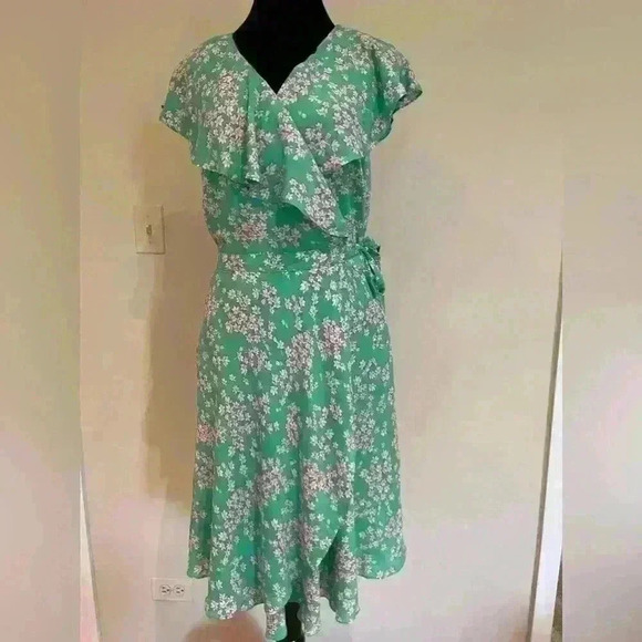 Draper James RSVP Ruffle Wrap DRESS Green Pink FLORAL - Picture 4 of 10